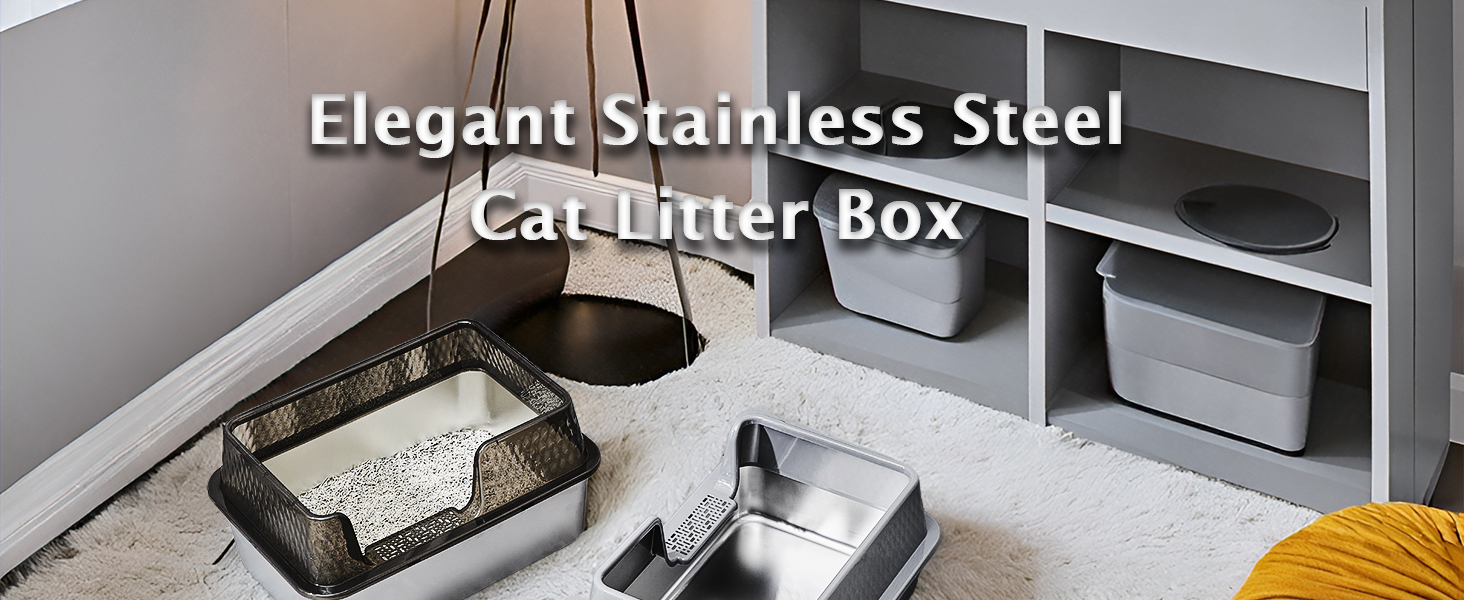 Pawsayes Stainless Steel Cat Litter Box with Lid for All Cats Extra Large Cat Litter Trays with 10cm Anti-Splash High Wall Sided Enclosure Cats Litter Tray (50x35x20 cm) (Transparent) 9 stainless steel cat litter tray