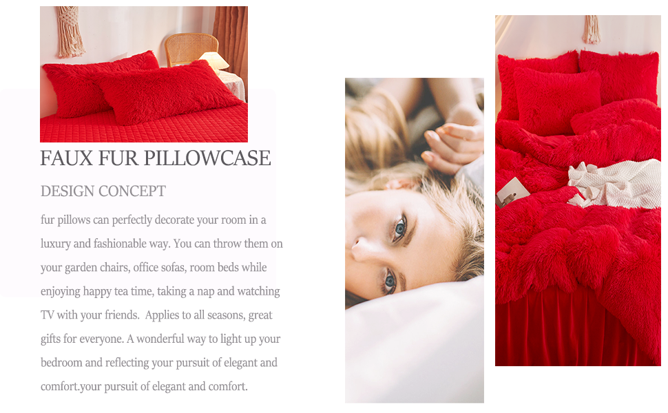 HAIHUA Faux Fur Red Pillow Cases, Fluffy Soft Fuzzy Red