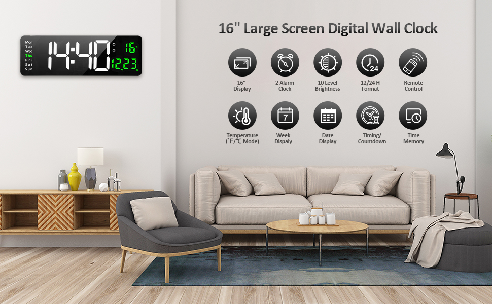 Digital Wall Clock with Remote,16 Inch Large Display