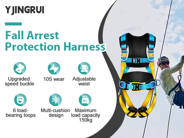 YJINGRUI Fall Arrest Harness, Fall Arrest Restraint Harness 150kg Full Body Height Safety With Back Shoulder Lumbar Leg Pads And Buffer Packet For Aerial Work Climbing At Height