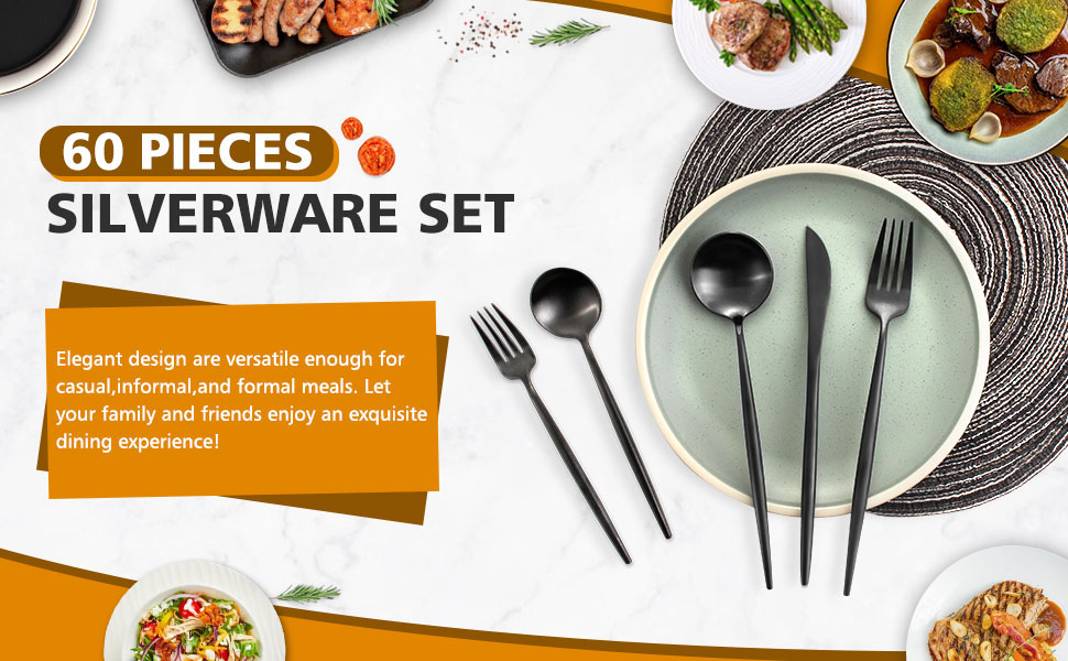 Matte Black Silverware Set, Oliviola 60Piece Stainless Steel Flatware Cutlery Set