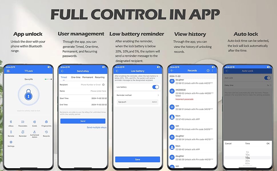 full control in app (app unlock, user managerment, view history, anto lock)