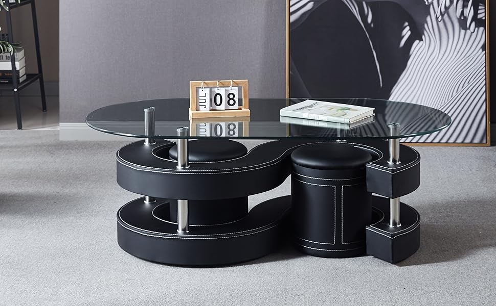 Melpomene Contemporary Coffee Table Set, Glass Coffee Table with S Shape Base and 2