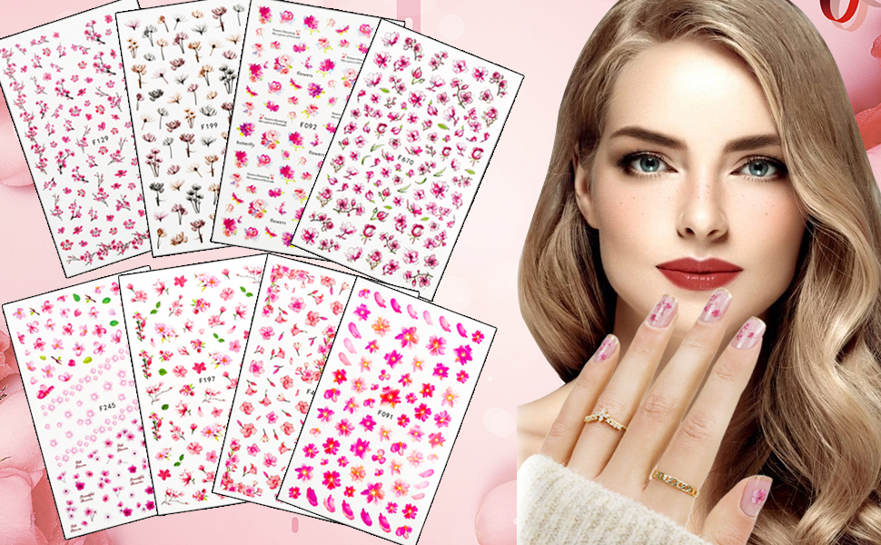 Doneace Flower Nail Art Stickers Decals Colorful Cheery Blossoms 3D Nail Sticker 8Sheets