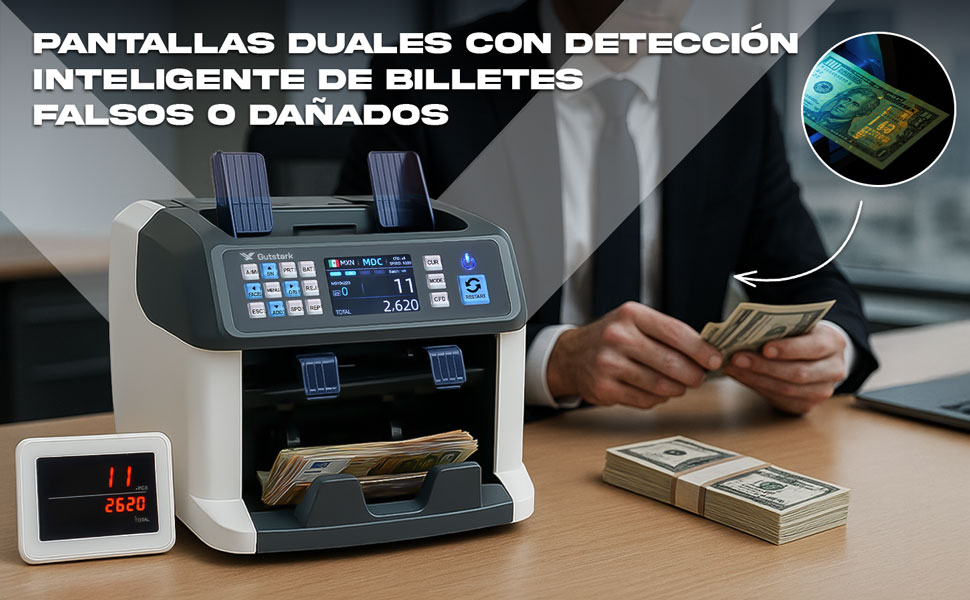 Contador billetes automático 1200/min doble bandeja multimoneda UV IR MG bancos pantalla dual