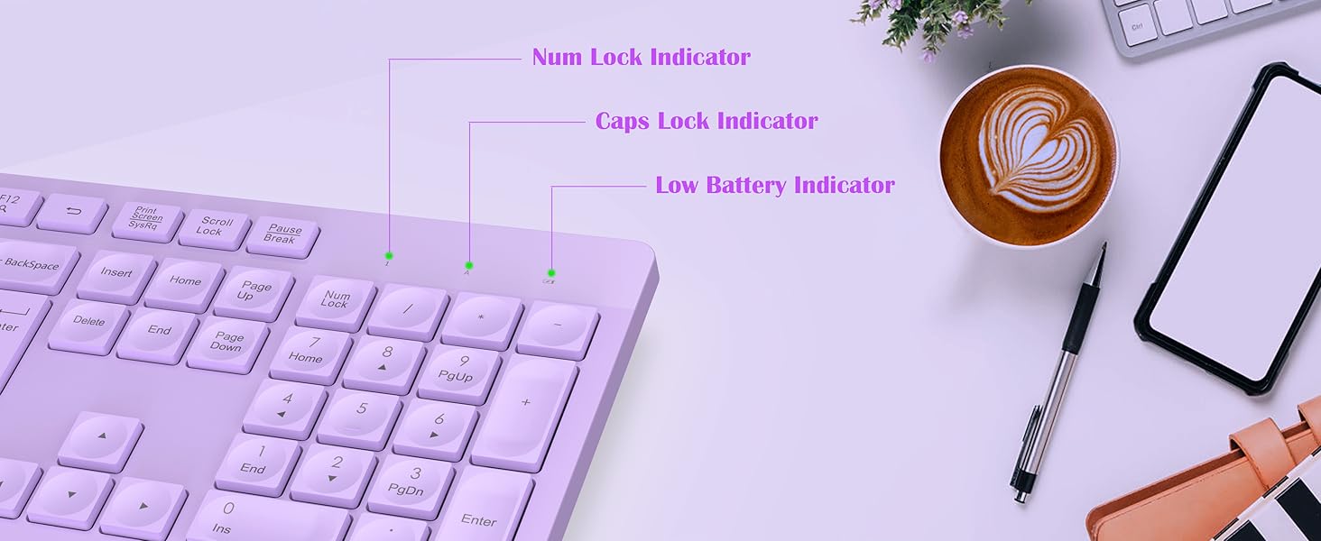 Workspace with purple-lit keyboard, smartphone, coffee cup, and pen on white surface, showcasing Num Lock and Caps Lock indicators.