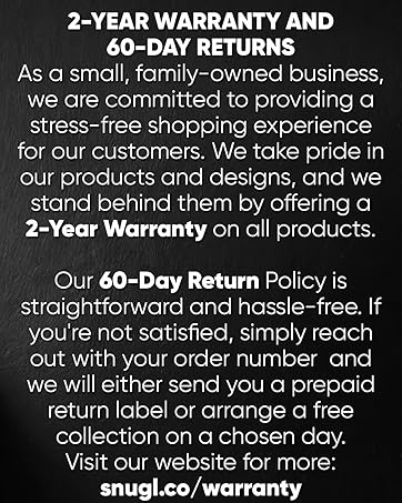 Warranty information display showing 2-year warranty and 60-day return policy details for family-owned business products.