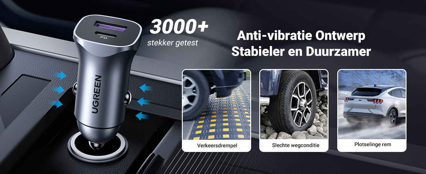 UGREEN 30W Autolader met 1M USB C Kabel Dual Port Card Charger Ondersteunt 20W