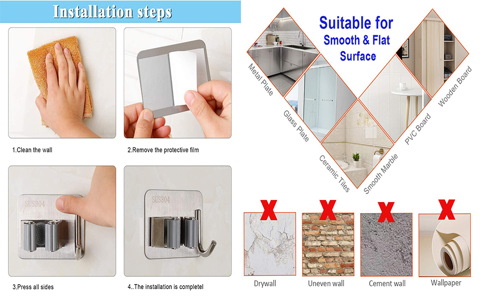 JIALTO Adhesive Mop Holder and Broom Holder Wall Mounted Steel