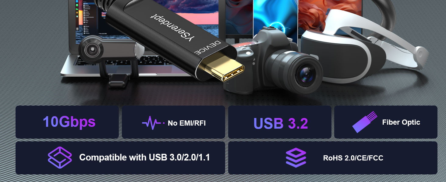 fiber optic usb c to usb c cable long ultra high speed 10gbps BLACK