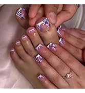 48 Pcs Purple Flower Press on Nails & Press on Toenails Set French Tip Fake Nails Floral Glue on ...