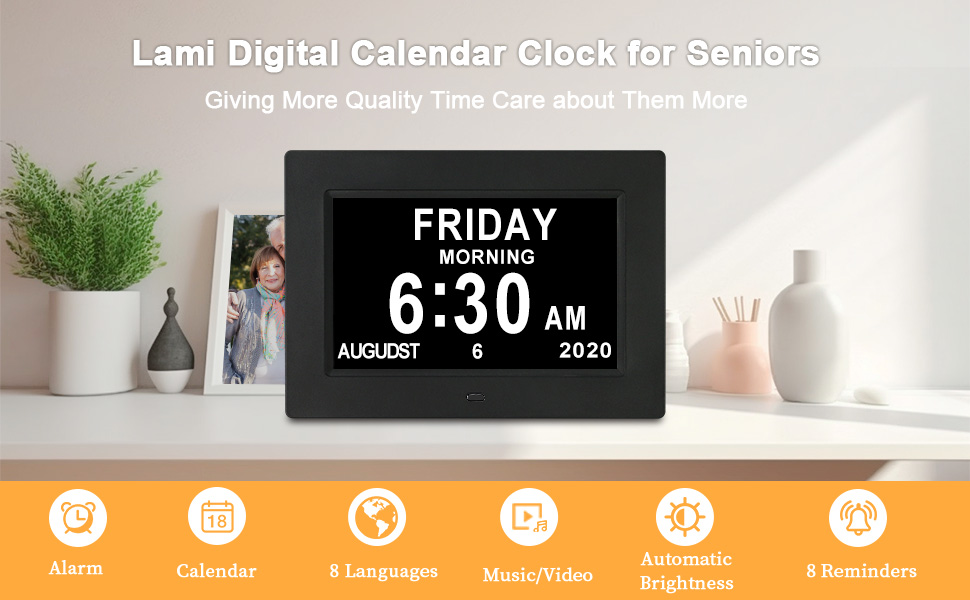 Dementia Clocks for Seniors 7 Inch, 12 Alarms Clock Large Display