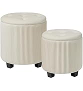 BLEXA Big Round Ottoman with Storage Set of 2,Upholstered Velvet Vanity Stool for Makeup Multifun...