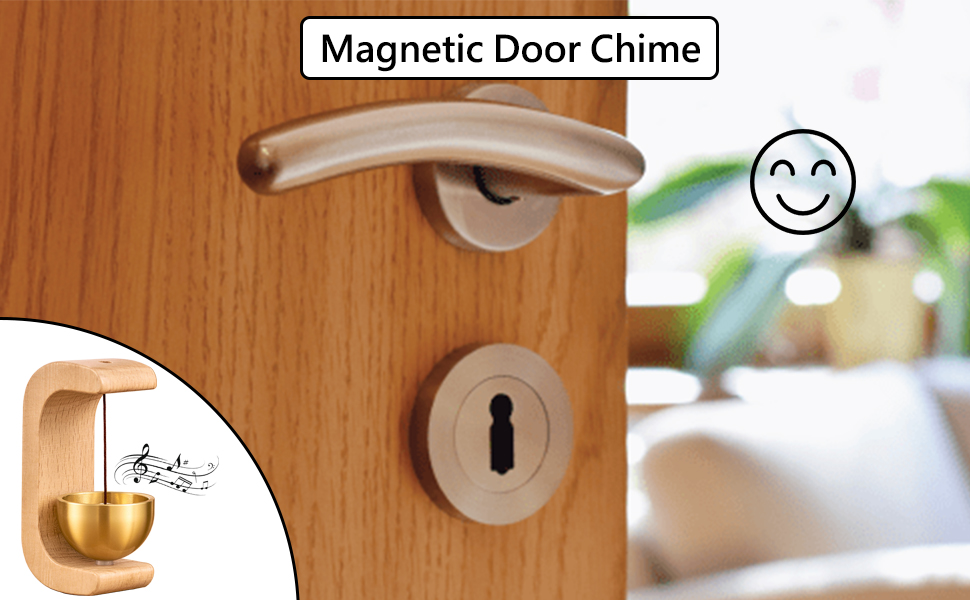 Lovelyduo magnetic wooden door chime with golden bell shown on a wooden door near silver handle