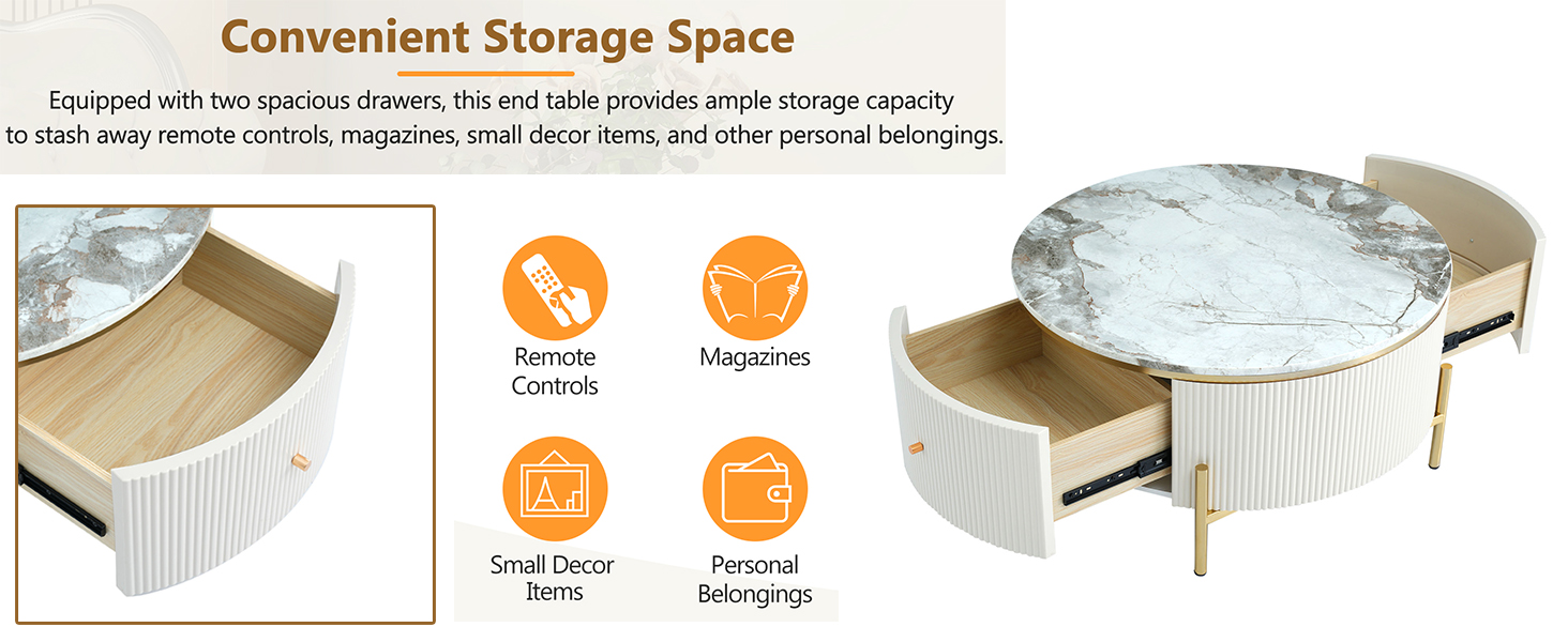 Black Round Coffee Table with Storage Drawers Gold Leg Faux