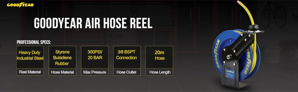 Text reads 'GOODYEAR AIR HOSE REEL'. Technical product display showing air hose specifications and mounting instructions with detailed measurements.