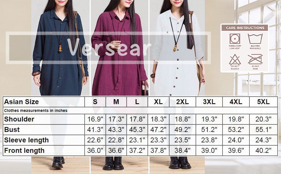 Versear Damen Tunika mit Knopfleiste aus Baumwollleinen, Oversize Bluse Tops 