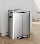 Stainless steel rectangular trash can with foot pedal and lid. Positioned against a white wall in a kitchen or bathroom setting.