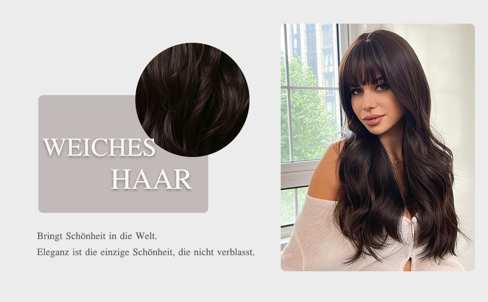 24 Zoll dunkelbraune Perücke mit Pony. Lange, lockige, natürliche, synthetische, hitzebeständige Perücke für Frauen._voghion.com