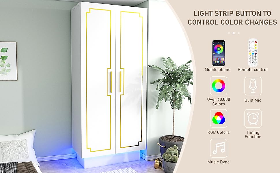 Modern 70in LED 2 Doors Armoires Wardrobe Closet White with Hanging Rod