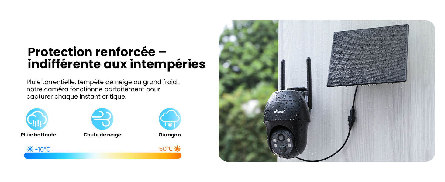 Le texte se lit comme suit : « Protection renforcée - insensivores aux céréales ». Montre l'installation d'une caméra de sécurité extérieure avec des caractéristiques de protection contre les intempéries indiquées par des icônes de pluie et de soleil.