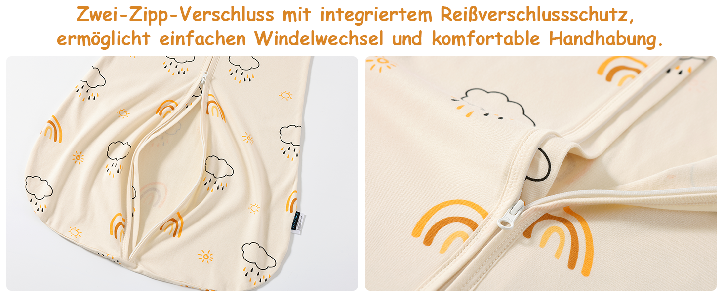 Nahaufnahme des Stoffes mit doppeltem Reißverschluss und integriertem Schutz. Das Muster zeigt Regenbogen- und Wolkenmuster auf hellem Hintergrund