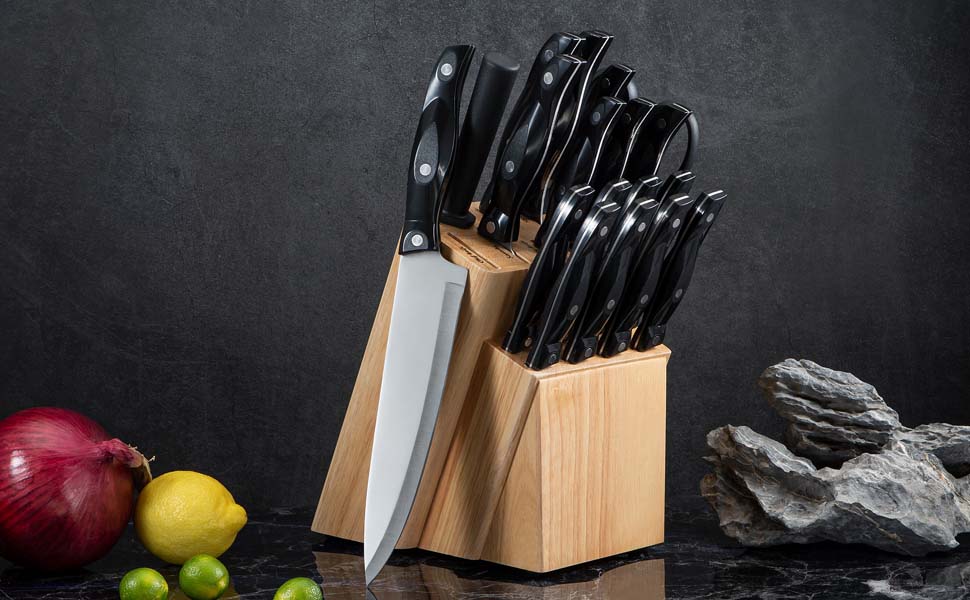 Knife Set, 19 Pieces Kitchen Knife Set with Wooden Block, High Carbon