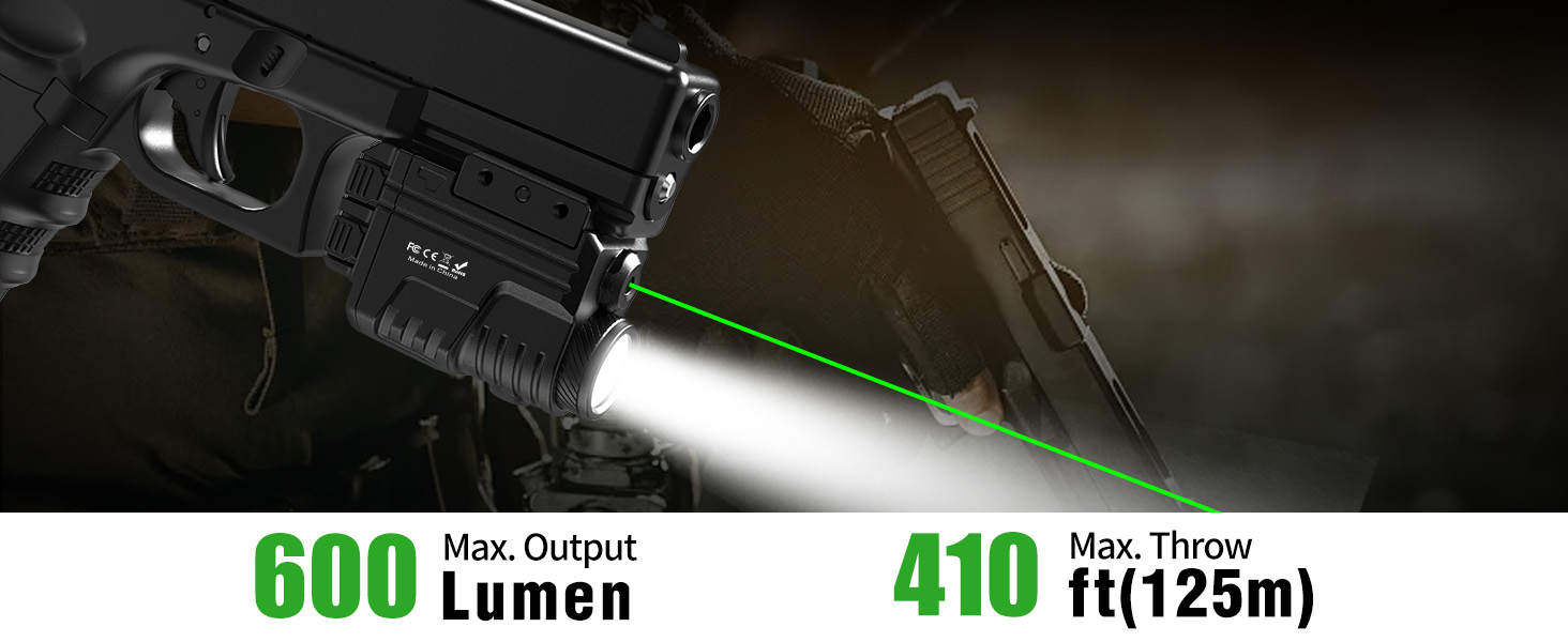 SIXRAY Green Beam and Flashlight for Pistol, Rechargeable