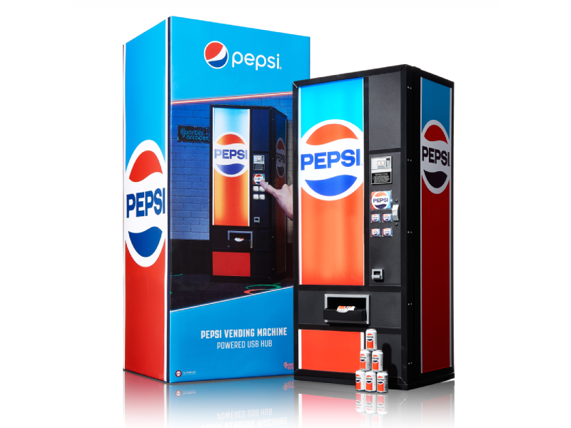 Pepsi vending machine with blue and orange color scheme, featuring illuminated product display window and Pepsi logo branding on sides and top.