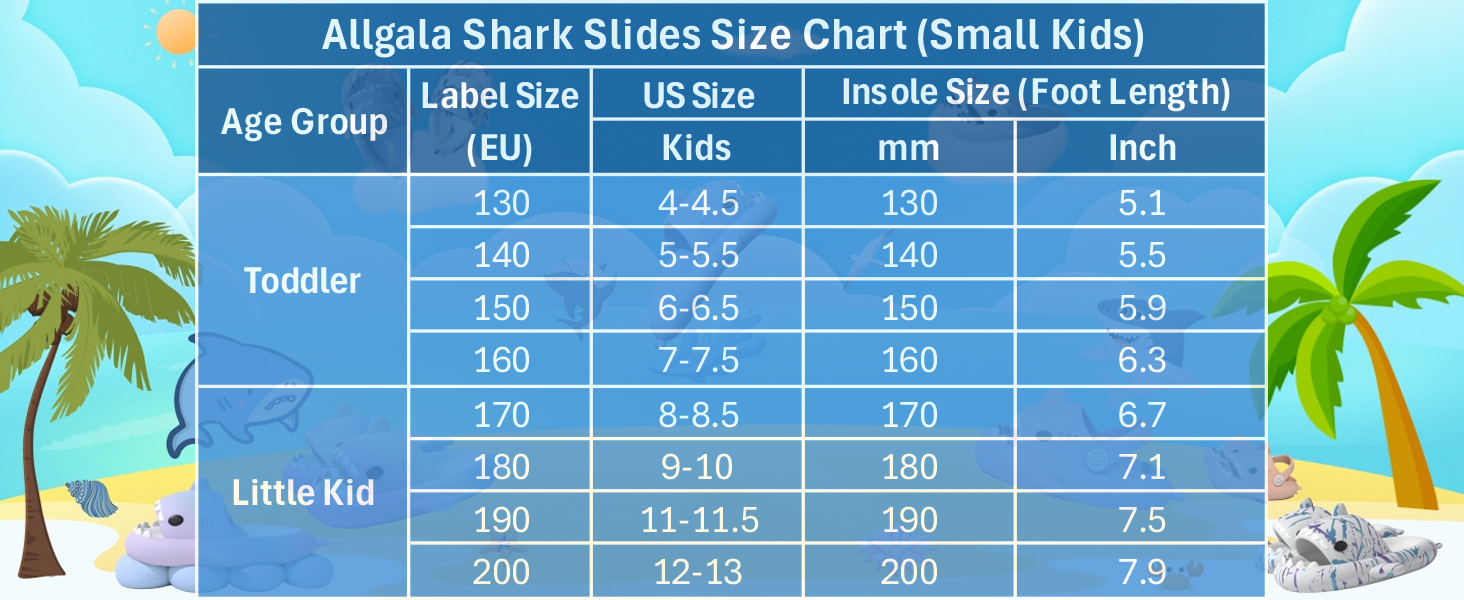 allgala shark slippers Size chart for toddler and small kid