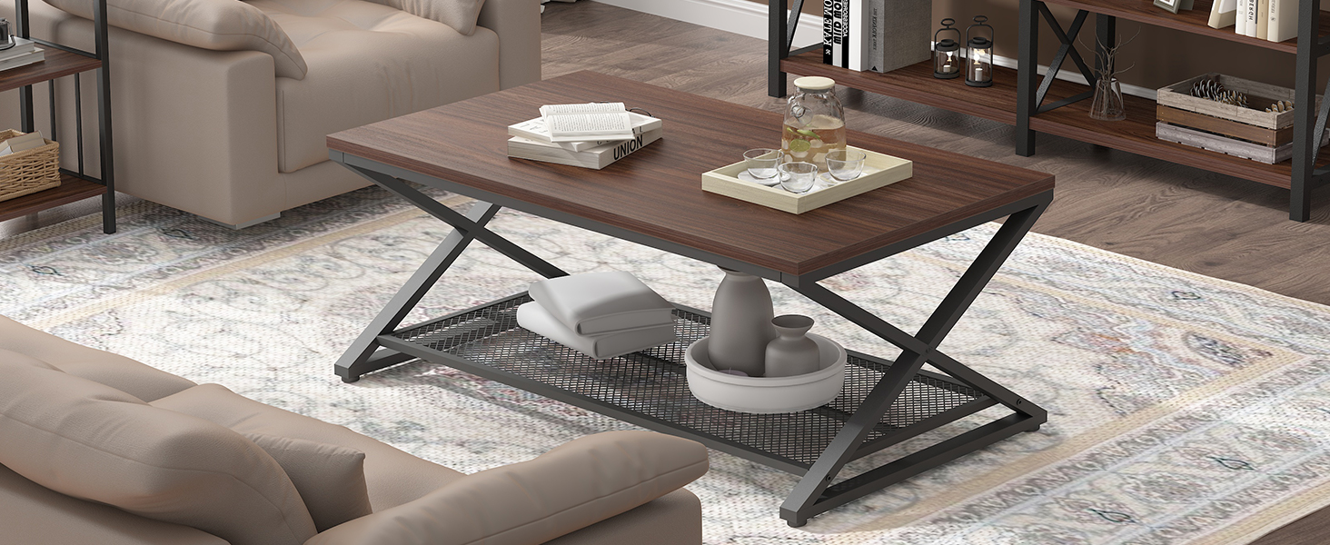 LVB Walnut Coffee Table with Storage, Metal Wood Rectangle