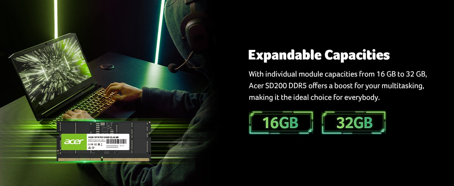 Acer SD200 DDR5 Expandable Capacities 16GB 32GB High Performance Multitasking Faster Memory Upgrade