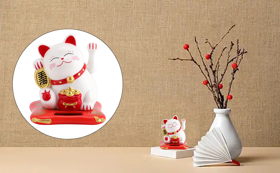 Maneki Neko Lucky Cat Solar-Powered Fortune Cat - White