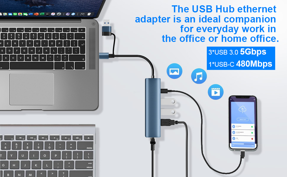 conectado a una computadora portátil y un teléfono inteligente. El texto destaca su uso en entornos de oficina, con 3 puertos USB 3.0 de 5 Gbps y 1 puerto USB-C de 480 Mbps