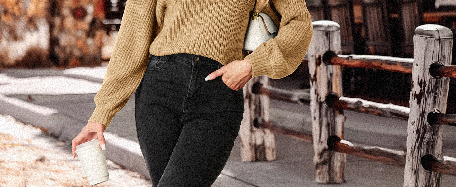 PrinStory Knitted Jumpers For Women Sweater Casual Ribbed Long Sleeve Turtleneck Warm Knitwear Soft