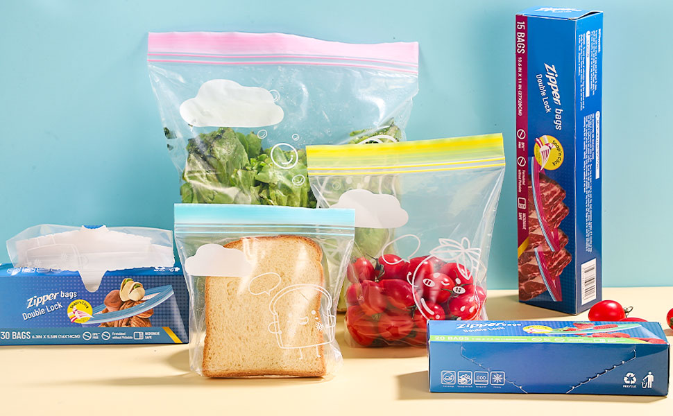 65Pcs Freezer Bags, Sandwich Bags Three Size Food Storage Bags Double