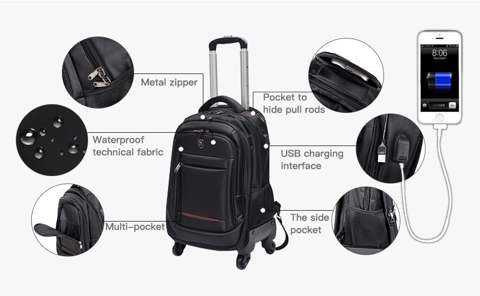 Temilla 360 °rotating Water Resistant Rolling Backpack with