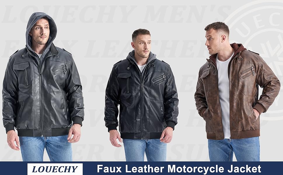 LOUECHY Men's Faux Leather Jacket Stand Collar Zip-Up