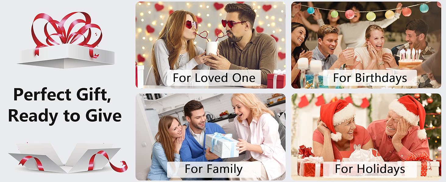 Text reads 'Perfect Gift, Ready to Give'. Product marketing collage showing gift-giving occasions and celebrations with decorative elements.