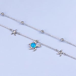Blue created Opal Sea Turtle Ankle Bracelet Sterling Silver Anklet Jewelry