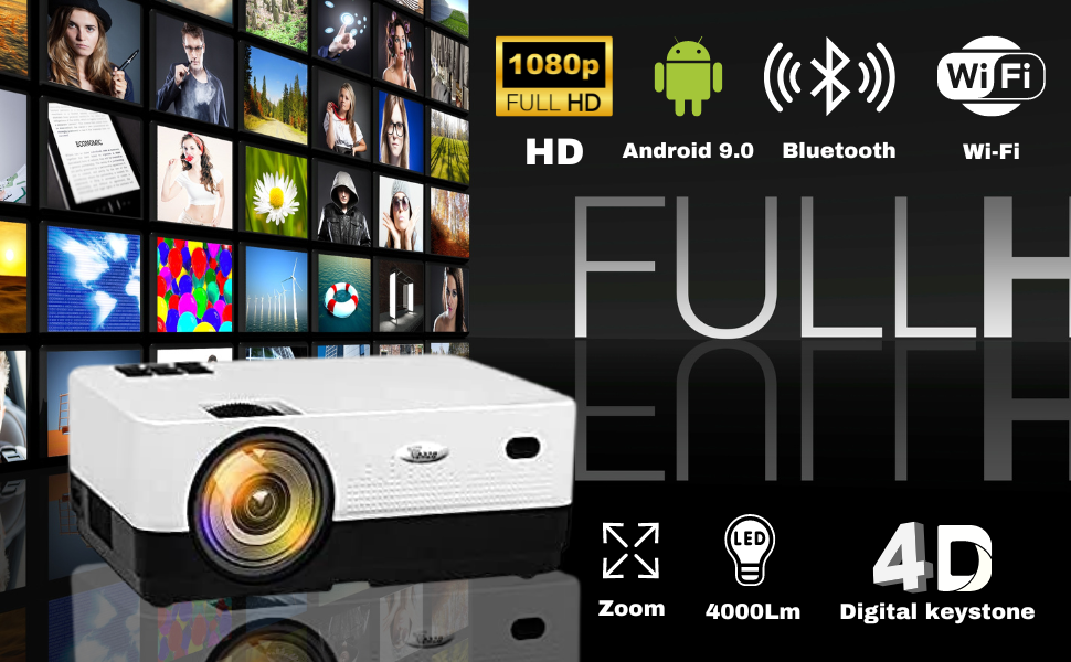 keystone 4000 lumens wifi blutooth 5.1 android projector smart projector 1080p 4k support