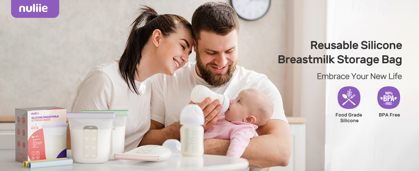 Nuliie 7 Pcs Silicone Breast Milk Storage Bags, Reusable Baby Food