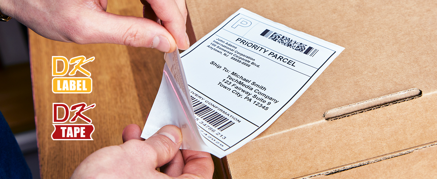  Person applying shipping label to box, with DK Label and DK Tape logos