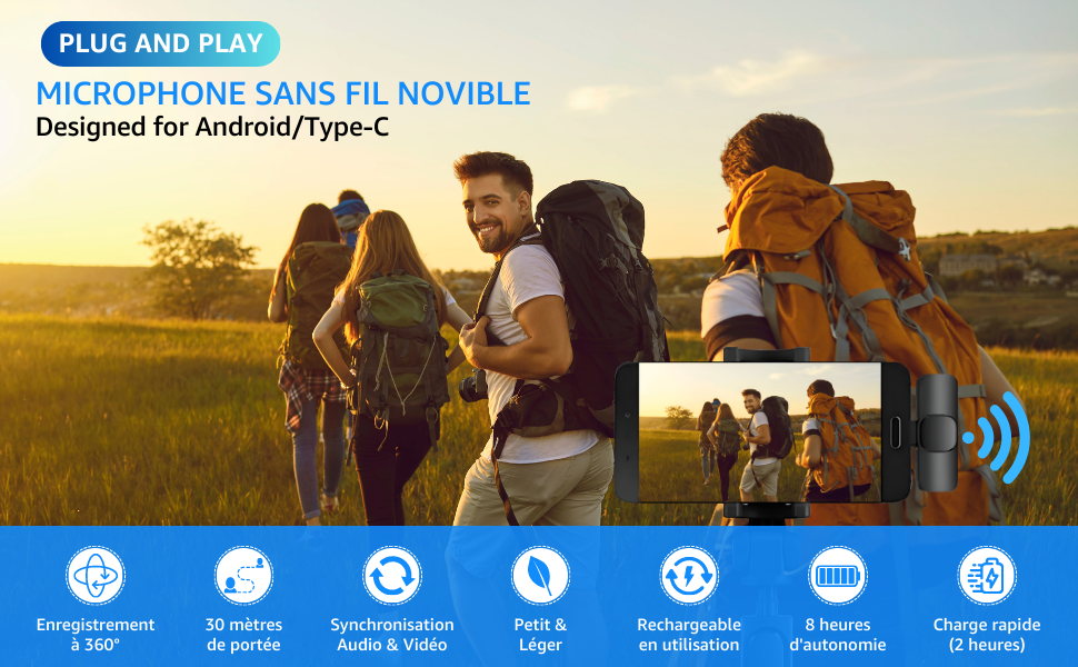 Microphone sans fil, 30 mètres de portée, petit et léger, 8 heures d'autonomie