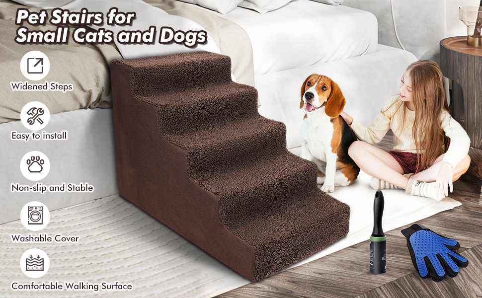 HEVOL Pet Steps,5 Steps Plastic Pet Stairs with Washable Cover,Portable