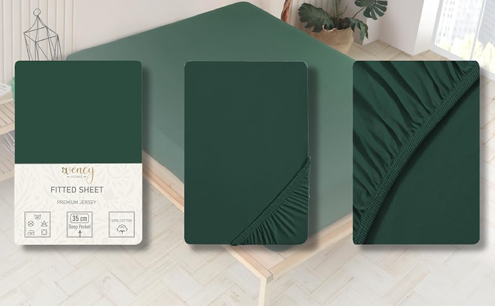 Vency Drap-housse en jersey de qualité supérieure - 160 x 200 cm - Vert foncé - Drap-housse 100 % coton - Pour lit de 160 x 200 à 35 cm - Hauteur du matelas - Vert foncé Drap-housse en jersey de qualité supérieure - Vert foncé - Top 2
