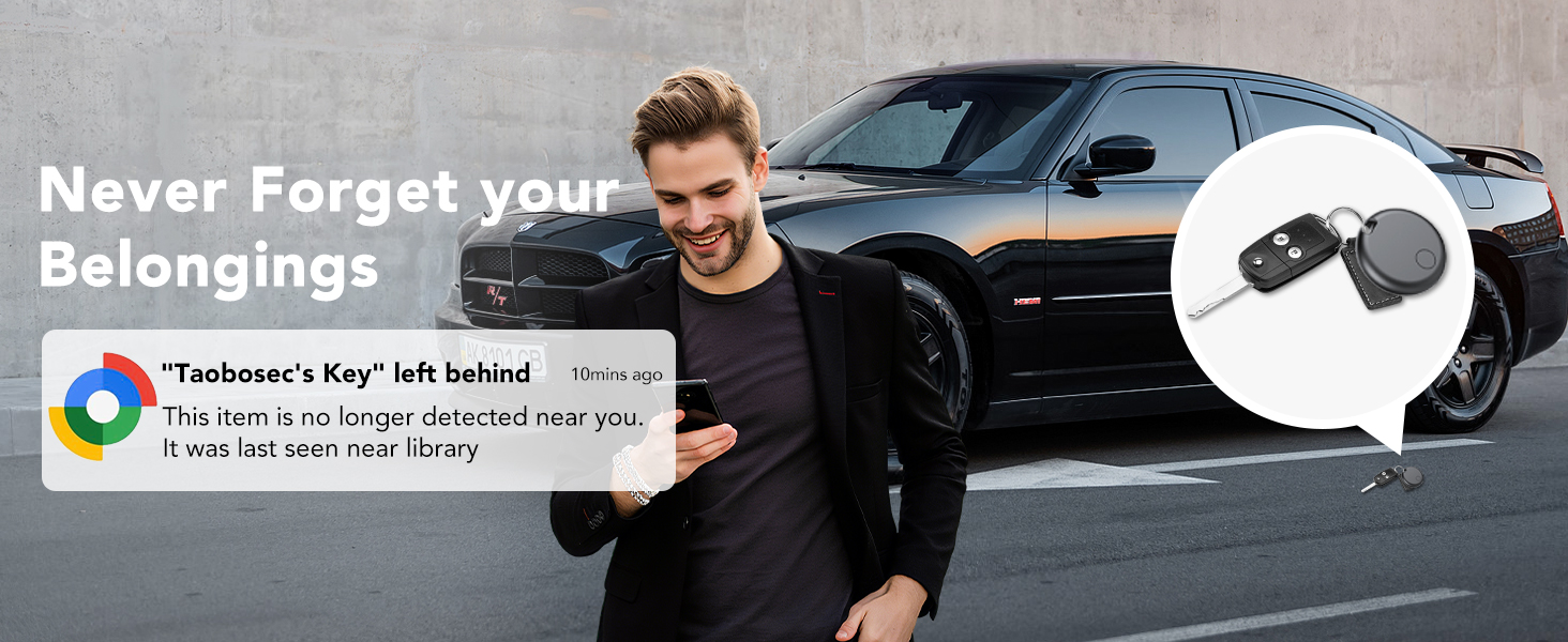 Text reads 'Never Forget your Belongings'. Banner image showing car and automotive context, appears to be related to vehicle security or tracking.