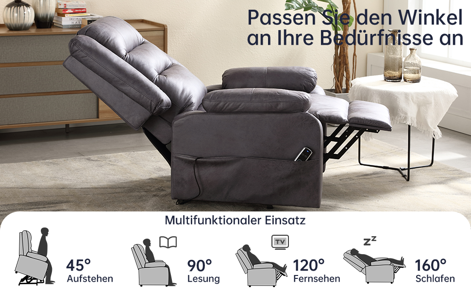 Grauer Lehnsessel mit abgebildeten verstellbaren Positionen: 45&deg; aufrecht, 90&deg; Lesen, 120&deg; Fernsehen, 160&deg; Schlafen.