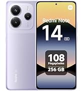 El texto dice «Redmi Note», «14», «108 megapíxeles», «256 GB». Varias vistas de un smartphone que muestran su sistema de cámara y su pantalla.