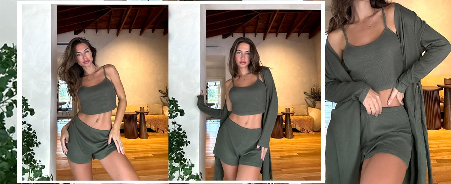 3 piece pajama set for women waffle knit